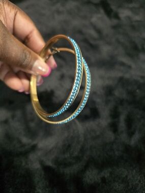 Gold Hoop Earrings with Blue Crystal Accents - Women's Jewelry